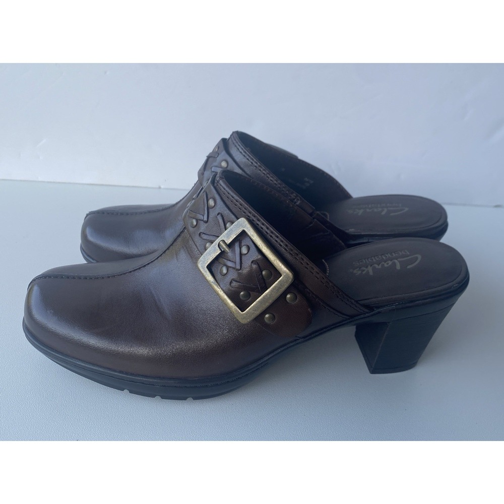 Clarks Bendables Mirabelle Holly Leather Buckle Mules Clog Sz 7 Brown